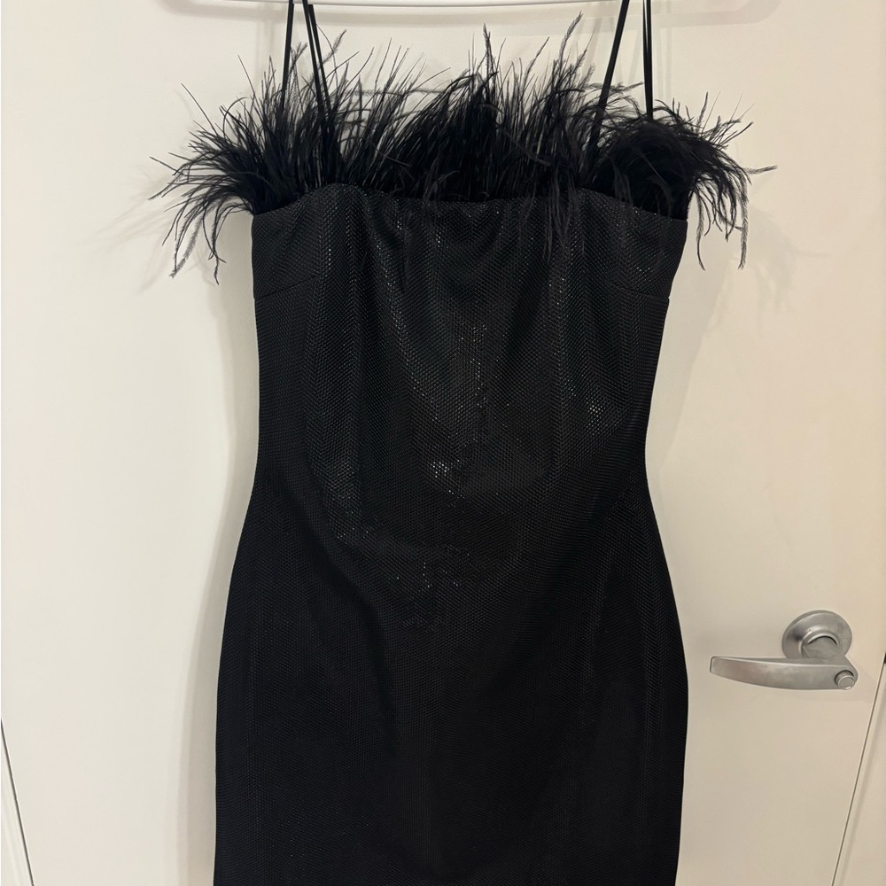 Aqua Black Feather-Trimmed Mini Dress